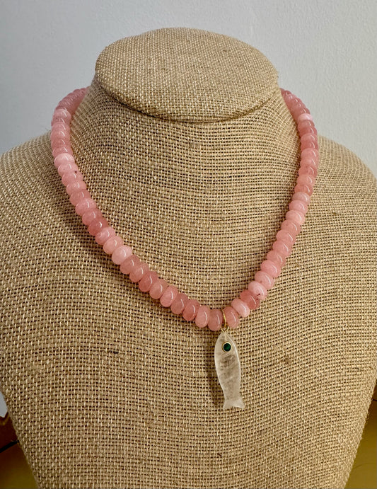 Pink Beaded Clear Fish Necklace Green Eye