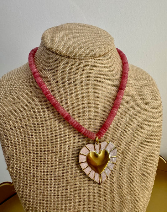 Pink Beaded Heart Pendant Necklace